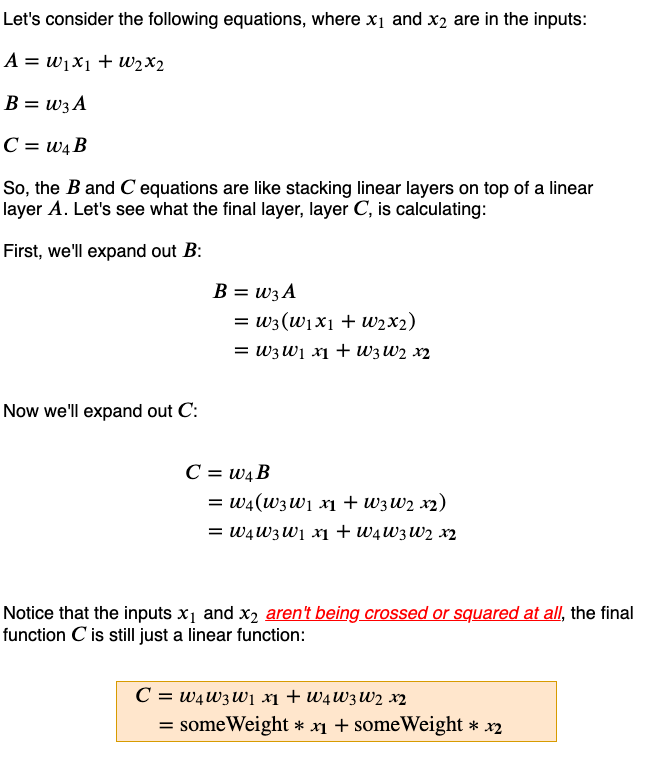 Fig 86. Showing that stacking linear layers/functions results in a linear layer/function